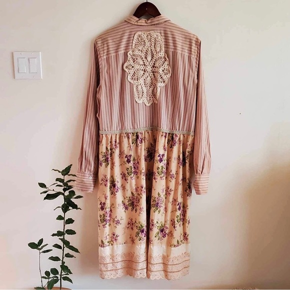 Custom Upcycled Tunic Long Sleeves Button Up Ruffle Hem Mixed Print | L/XL - Picture 6 of 6